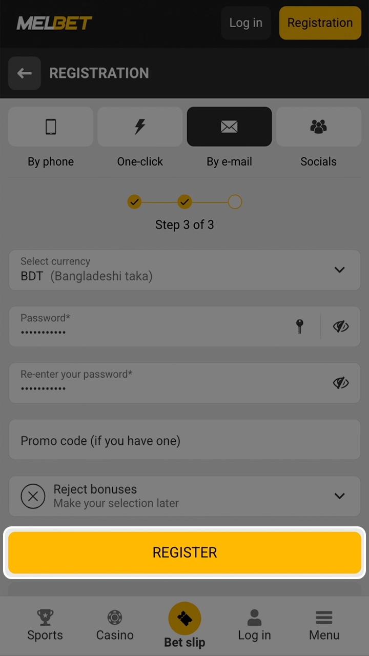 Create a personal account to start betting at Melbet.