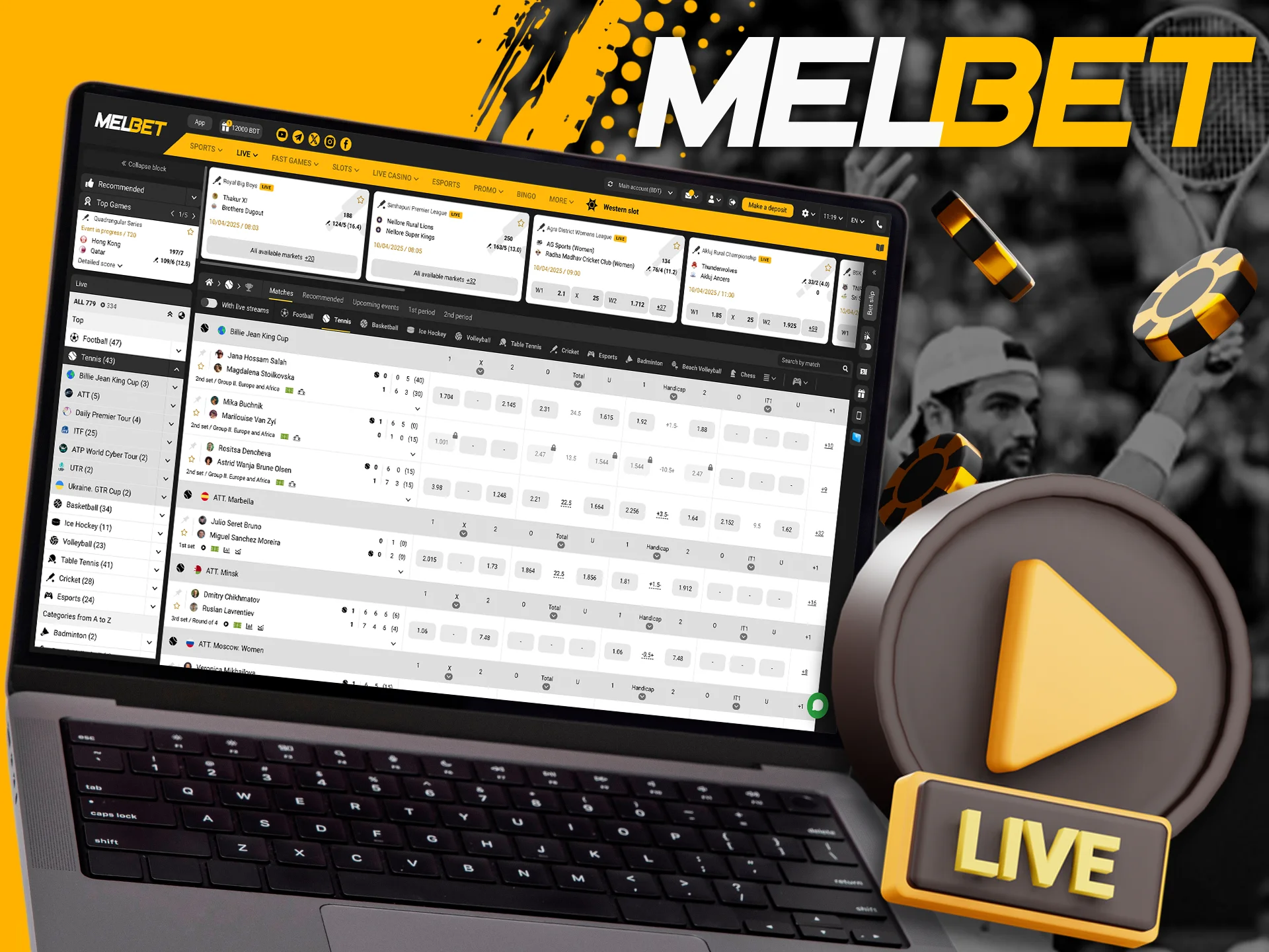 Follow live tennis matches at Melbet.