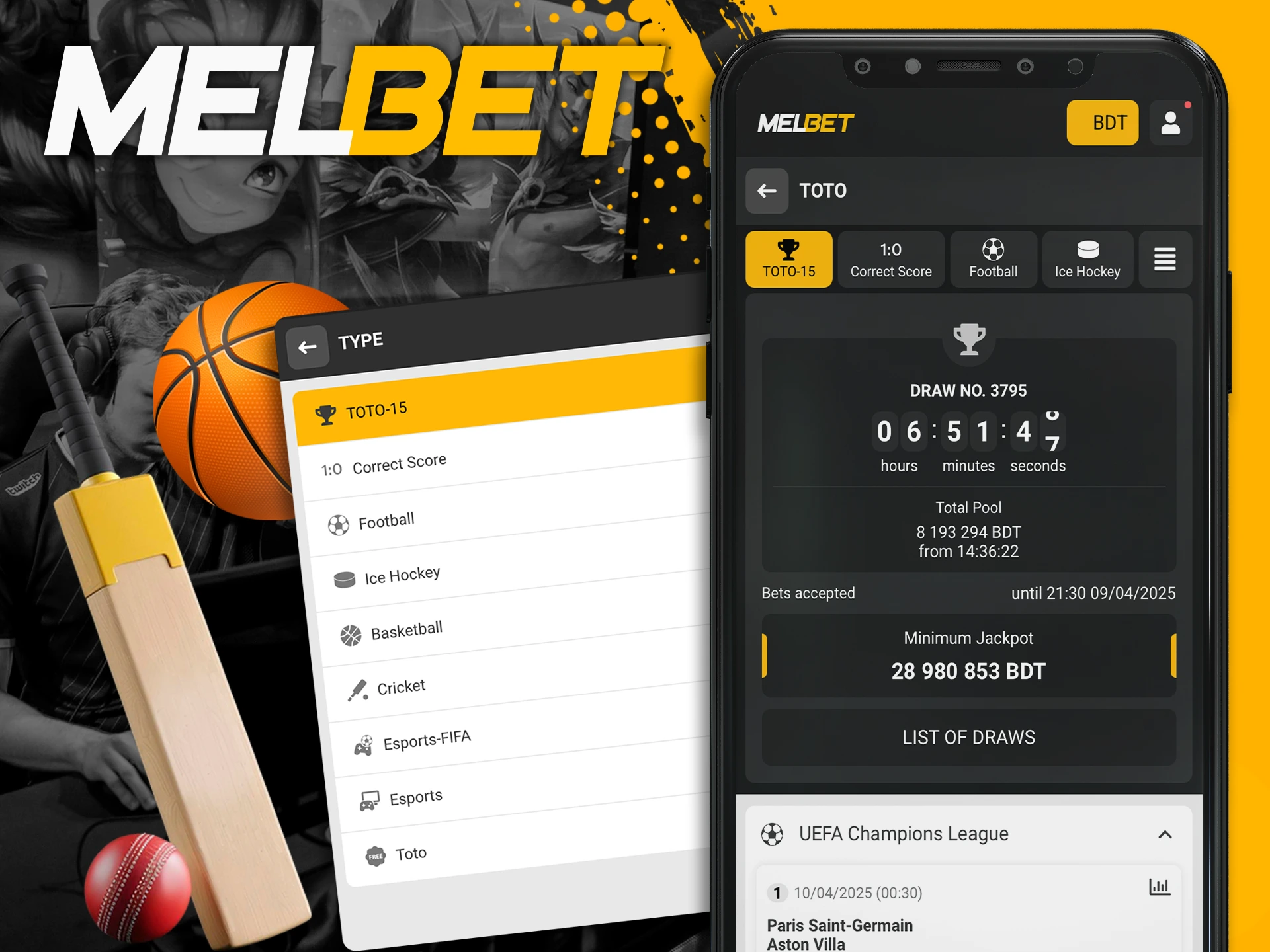 Place your bets at TOTO with the Melbet app.