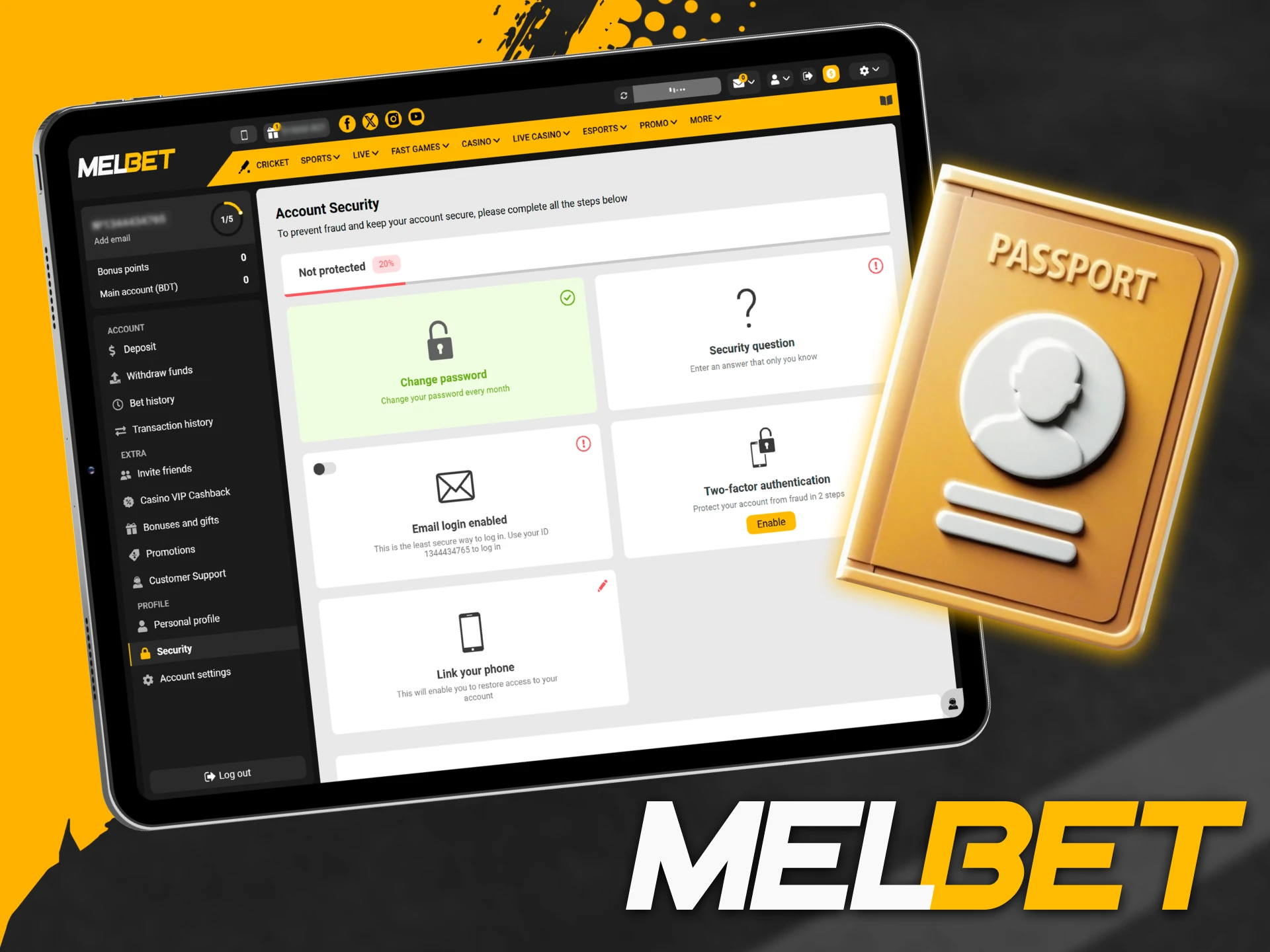 Submit valid ID and address documents to complete your Melbet account verification securely.