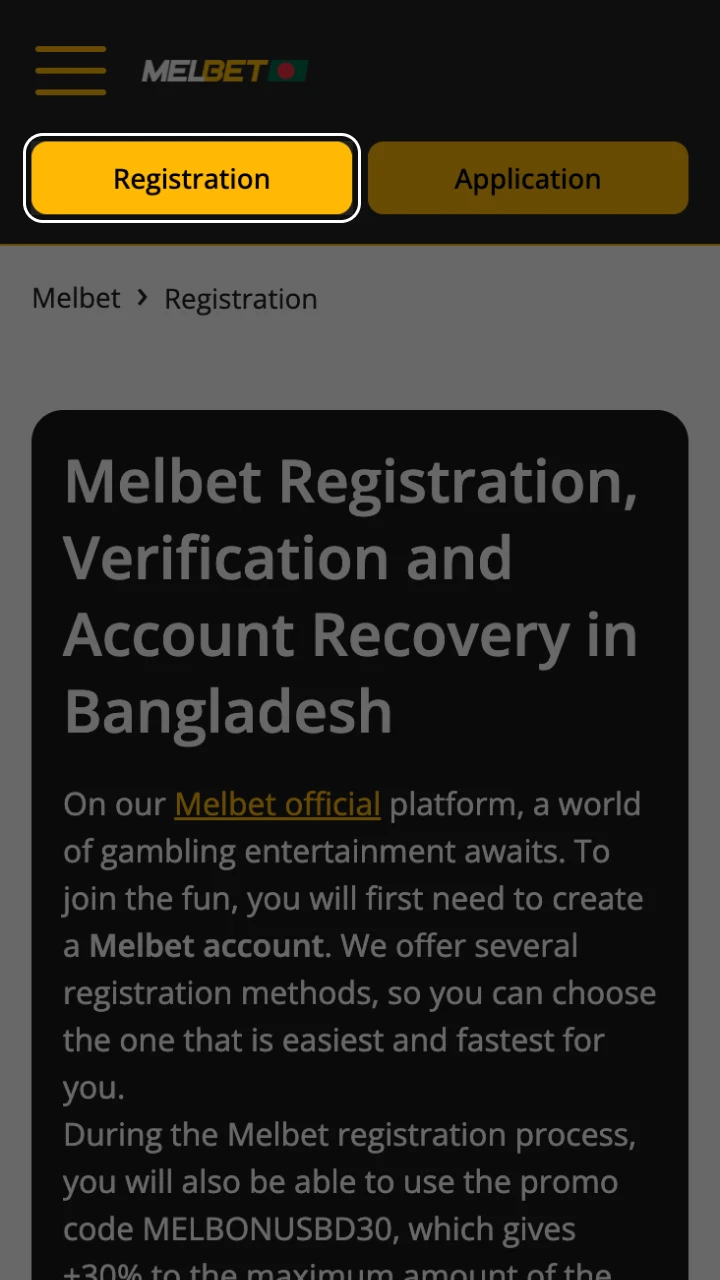 Click on the registration button at Melbet Casino.