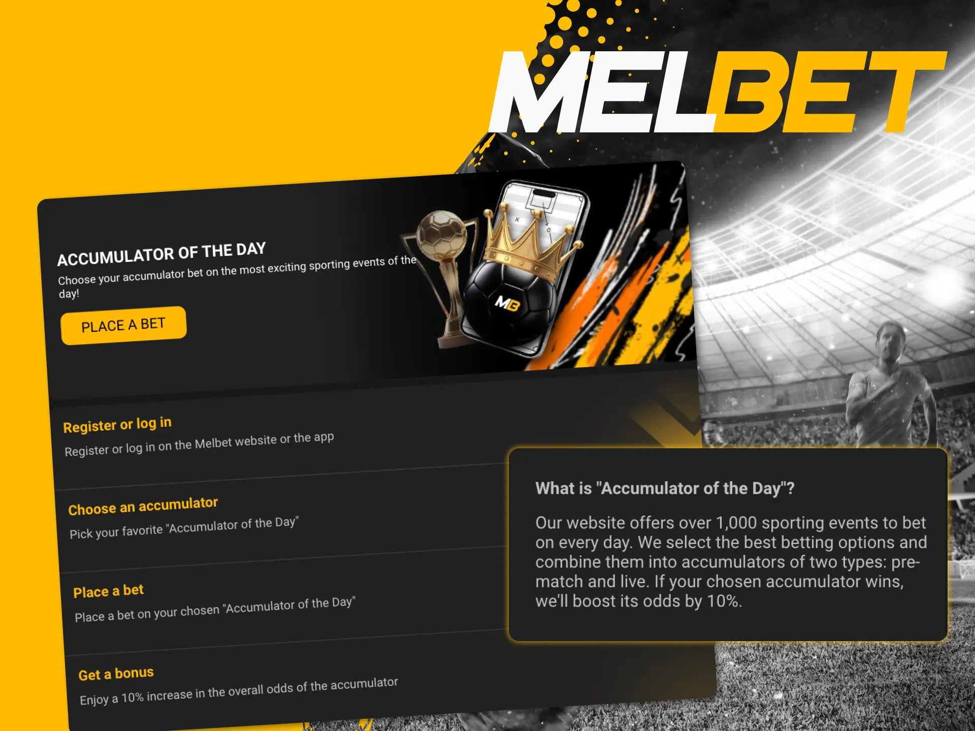 Use Pre-match and Live accumulators at Melbet online casino for sports betting.