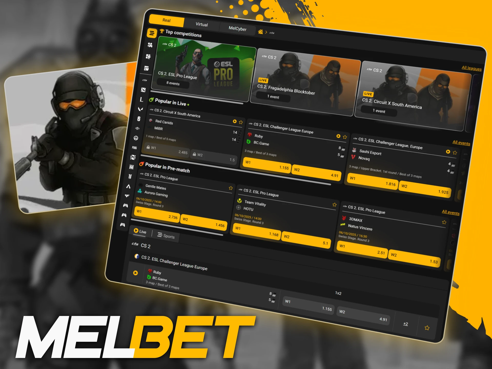 Bet on top CS2 eSports tournaments like ESL Pro League and PGL Major at the official Melbet site.
