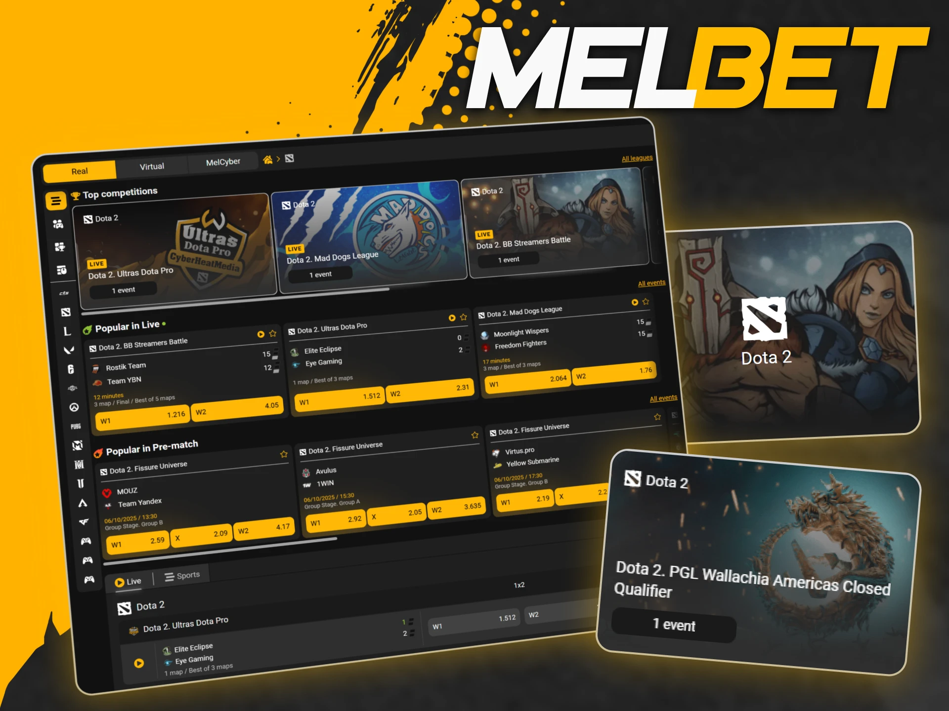 Bet on major Dota 2 tournaments like The International and ESL One at the official Melbet site.