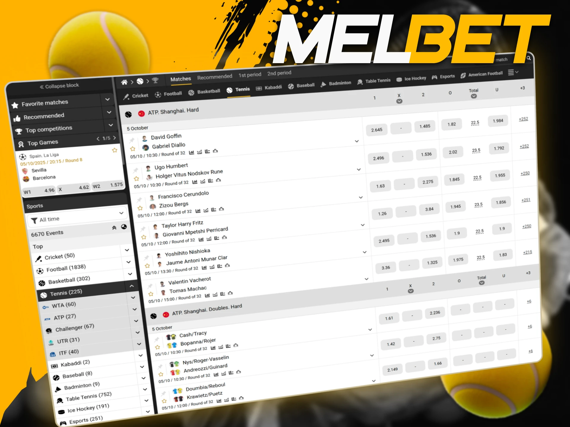 Bet on top tennis tournaments like Wimbledon and US Open at the official Melbet site in Bangladesh.